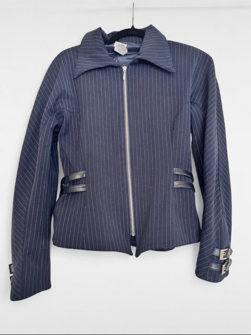 Cache Navy Pinstripe Zip Blazer with Leather-Trim Details